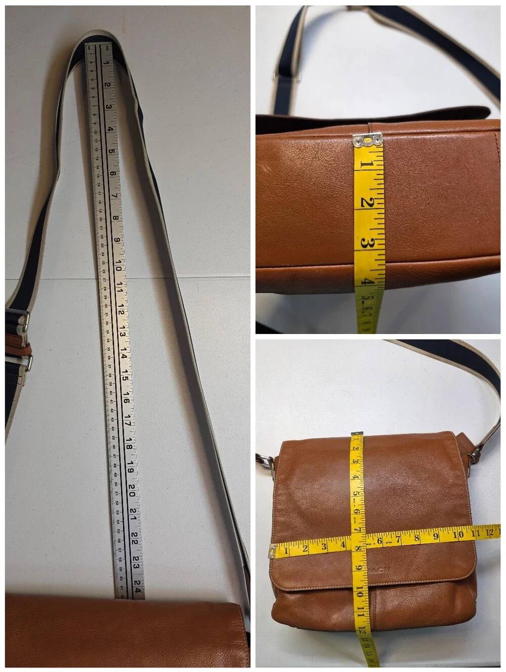 Coach Tan Leather Messenger Bag with Navy Web Strap